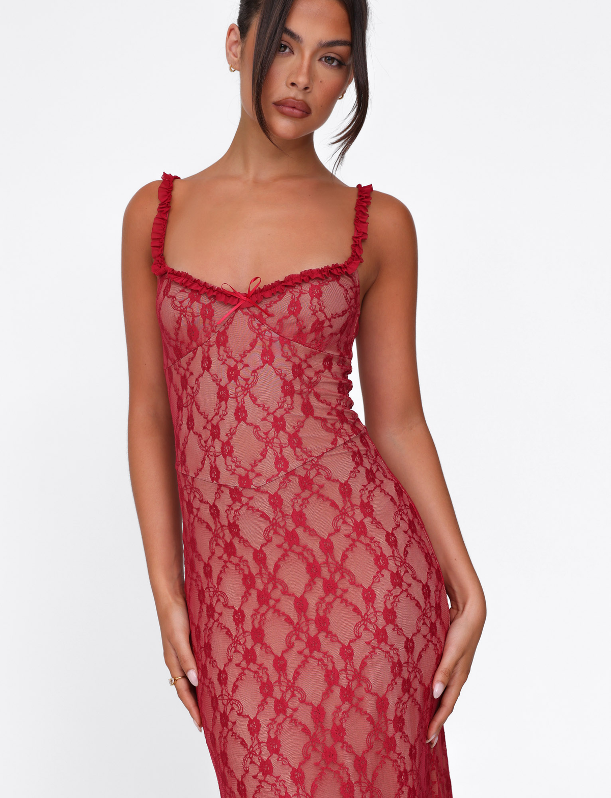 Scoop Neck Ruffle Trim Lace Bow Detail Pleated Ruffle Hem Midi Dress 5