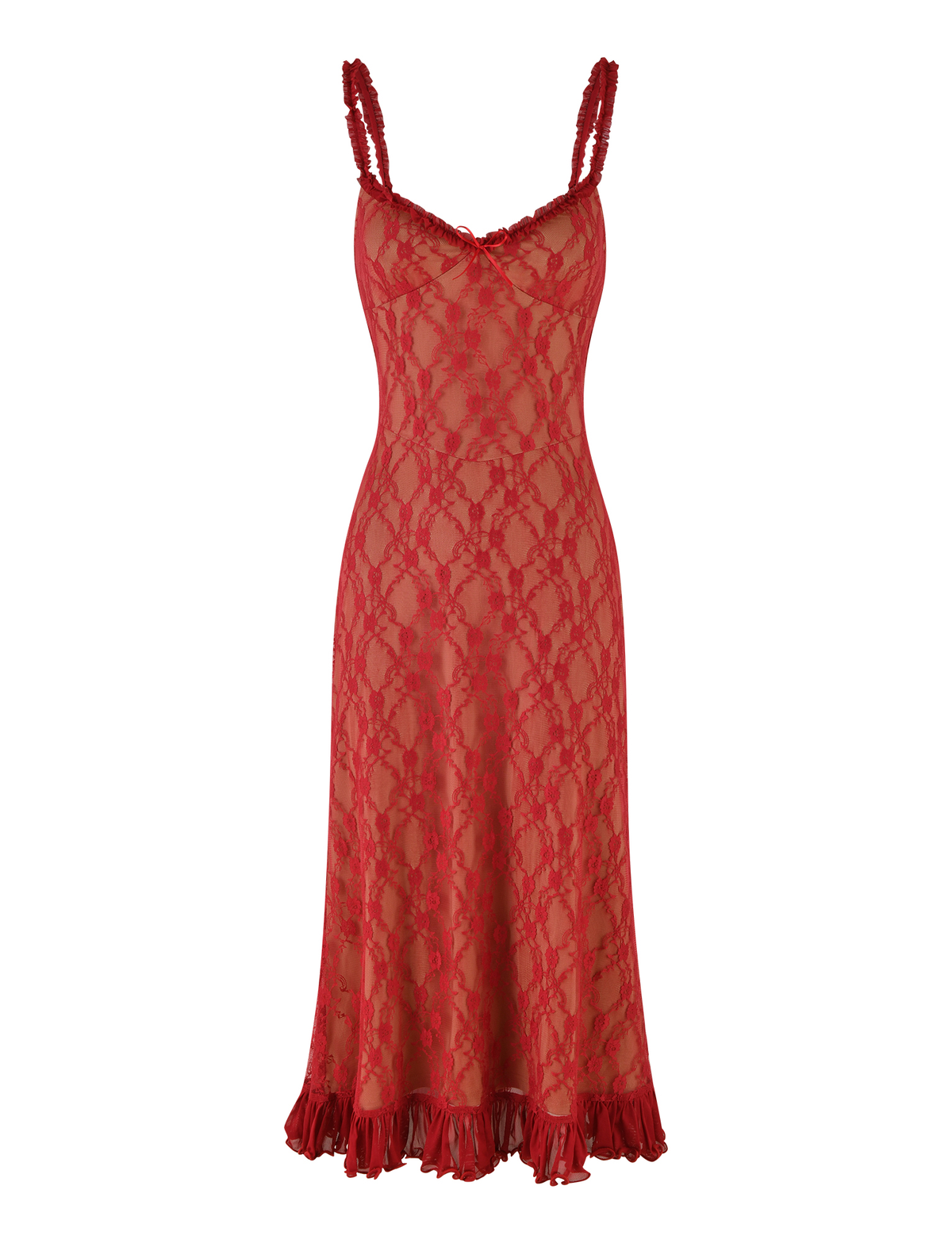 Scoop Neck Ruffle Trim Lace Bow Detail Pleated Ruffle Hem Midi Dress 6
