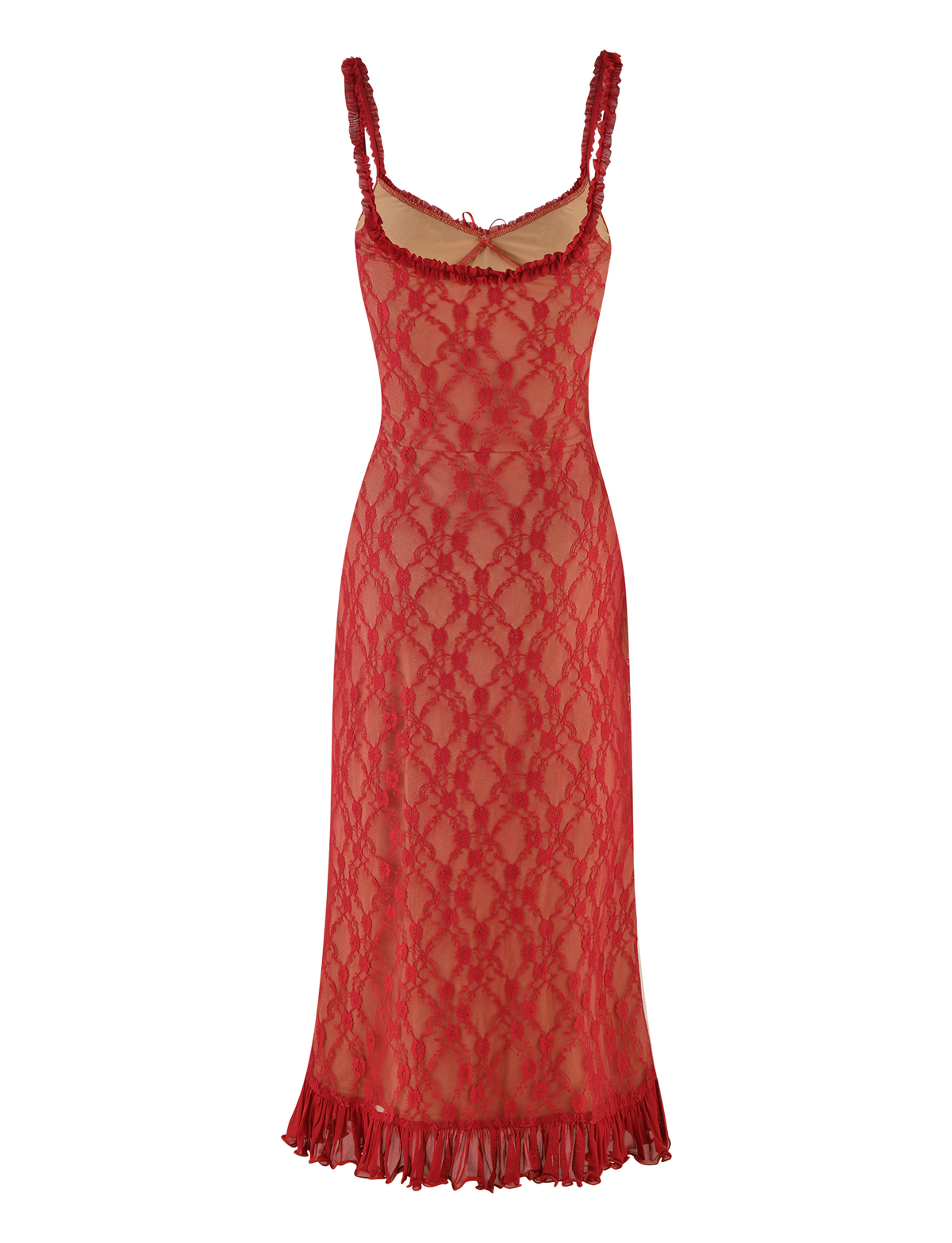 Scoop Neck Ruffle Trim Lace Bow Detail Pleated Ruffle Hem Midi Dress 7