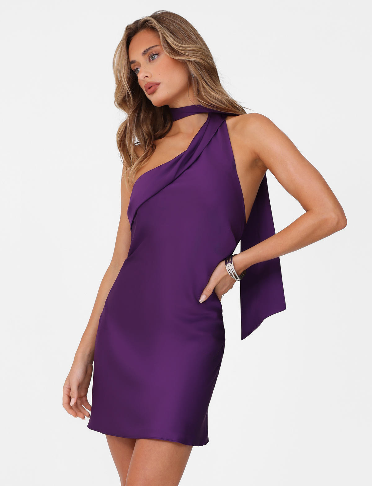 One Shoulder Choker Wrap Draped Satin Mini Dress 3