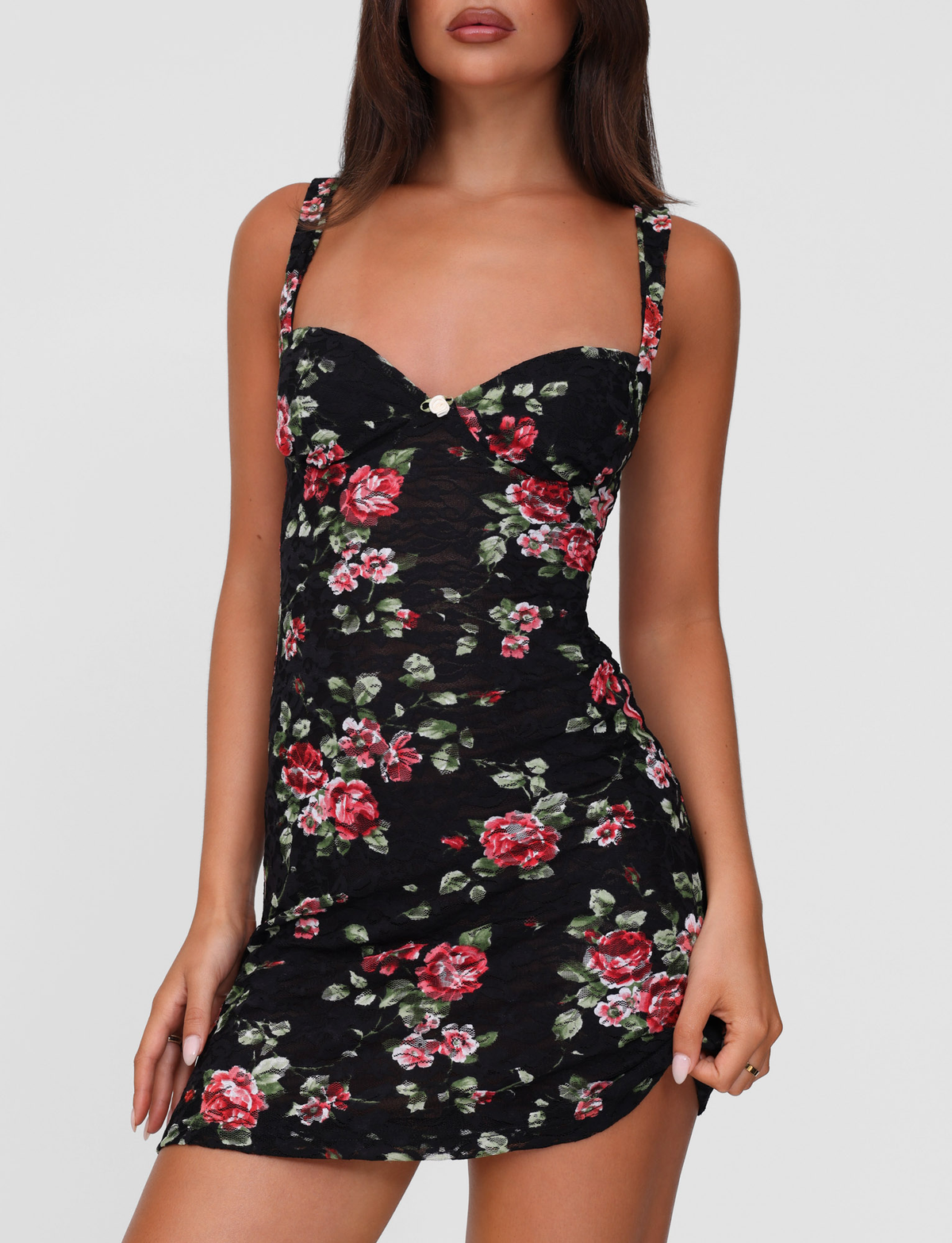 Floral Lace Sweetheart Neck Wide Strap Ruched Bodycon Mini Dress 4