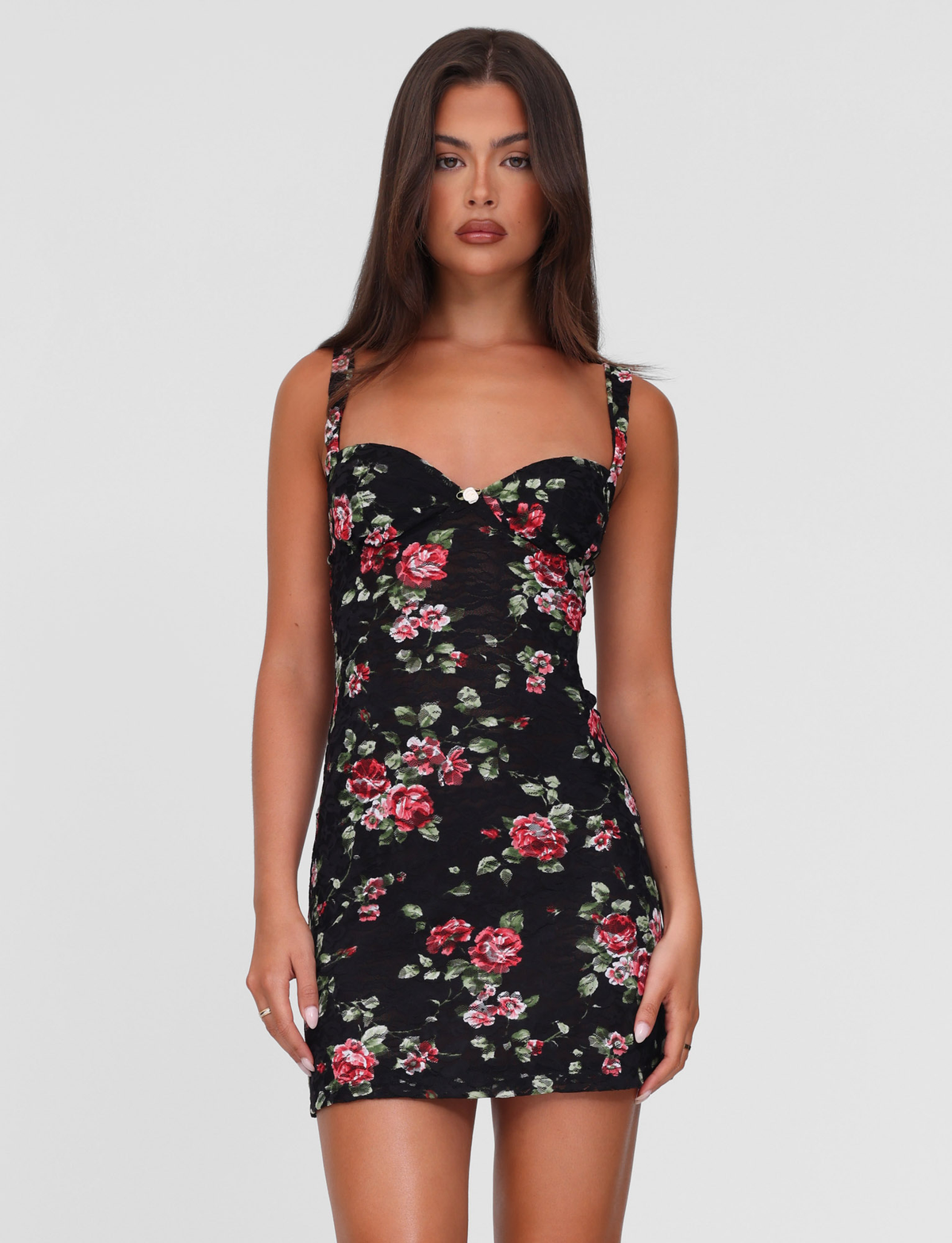 Floral Lace Sweetheart Neck Wide Strap Ruched Bodycon Mini Dress 5