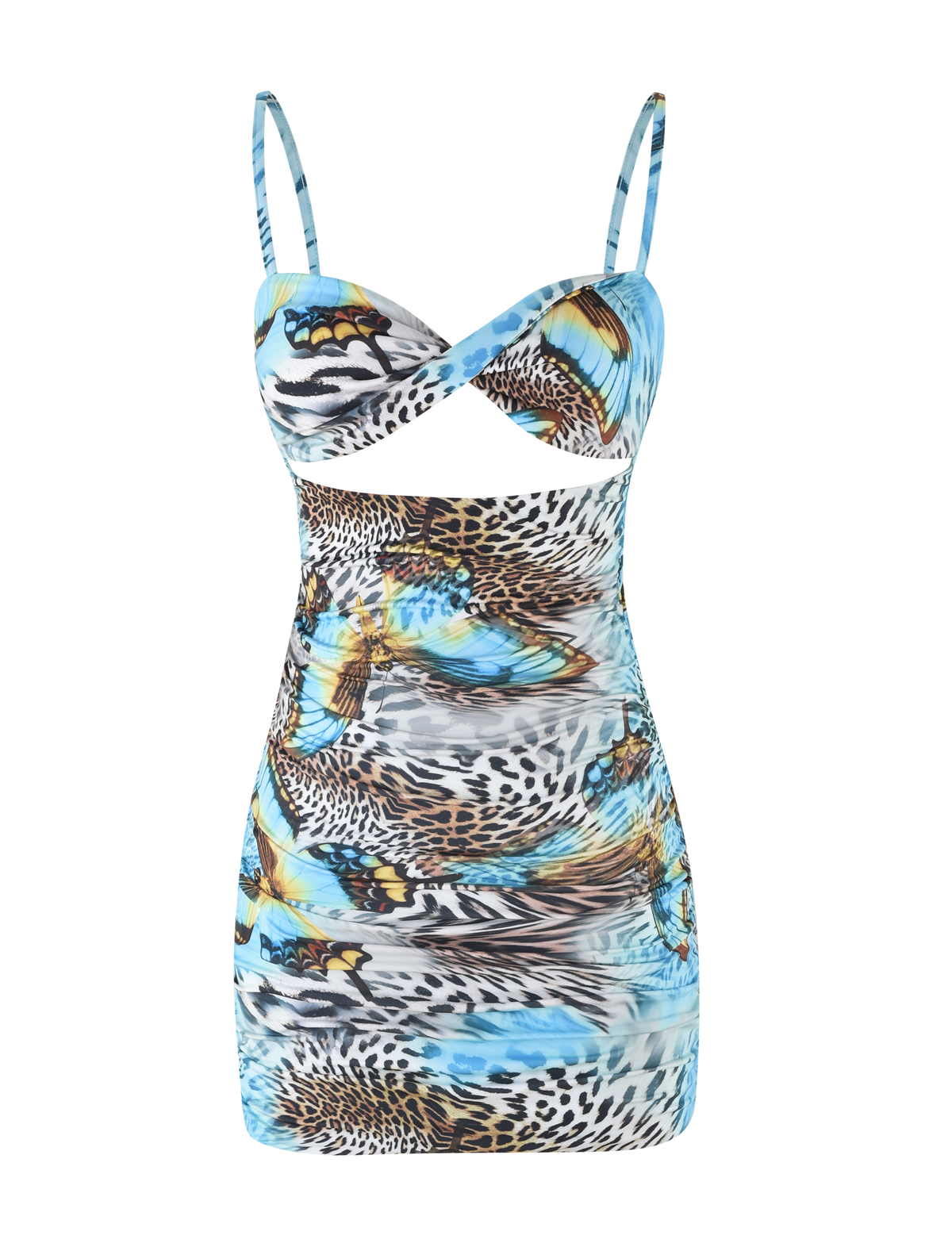Spaghetti Strap Twist Front Cutout Ruched Butterfly Mixed Print Bodycon Mini Dress 7