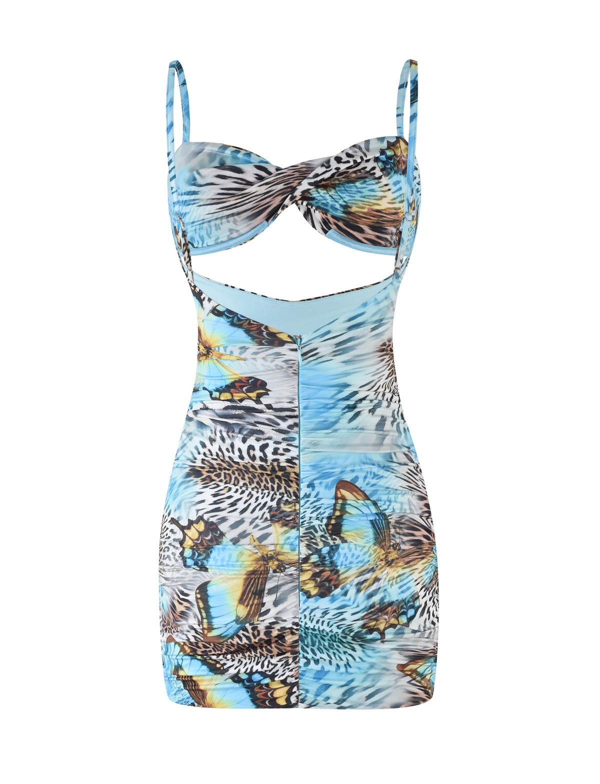 Spaghetti Strap Twist Front Cutout Ruched Butterfly Mixed Print Bodycon Mini Dress 8