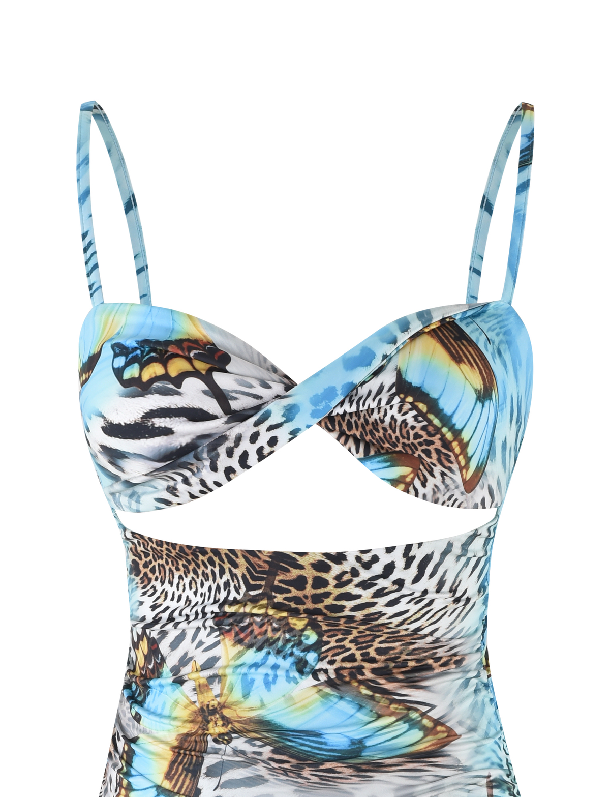 Spaghetti Strap Twist Front Cutout Ruched Butterfly Mixed Print Bodycon Mini Dress 9