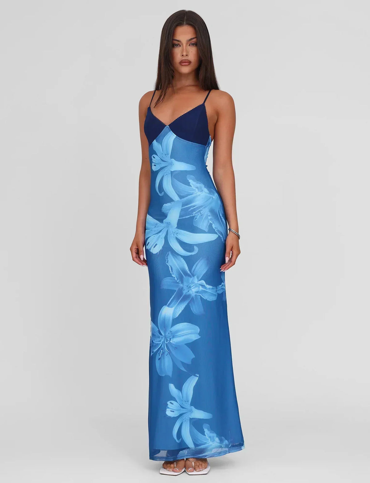 Spaghetti Strap Lily Floral Print Contrast Bodice Maxi Dress 3