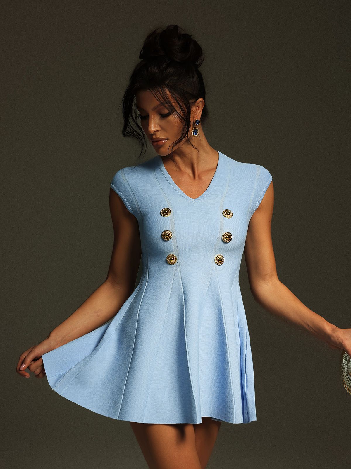 V Neck Double Breasted Metal Button Skater Mini Dress 2