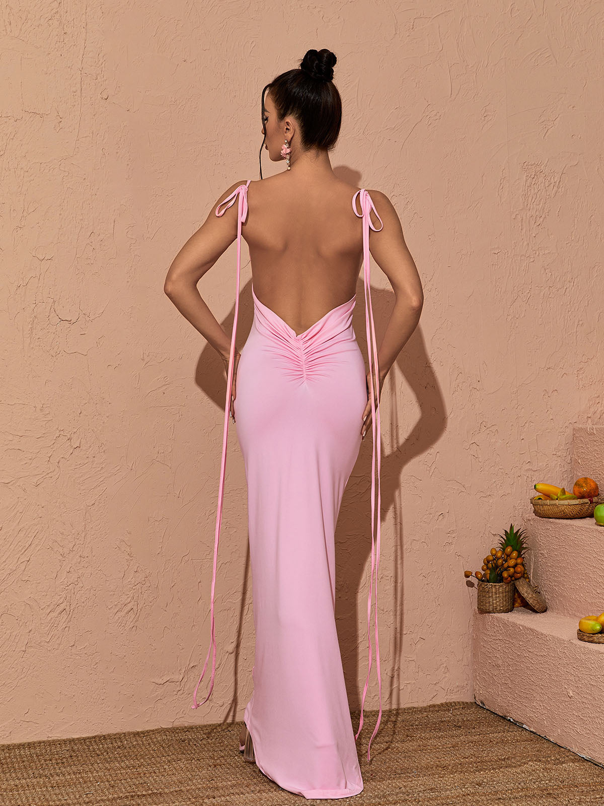 Spaghetti Strap Open Back Ruched Column Maxi Dress 5