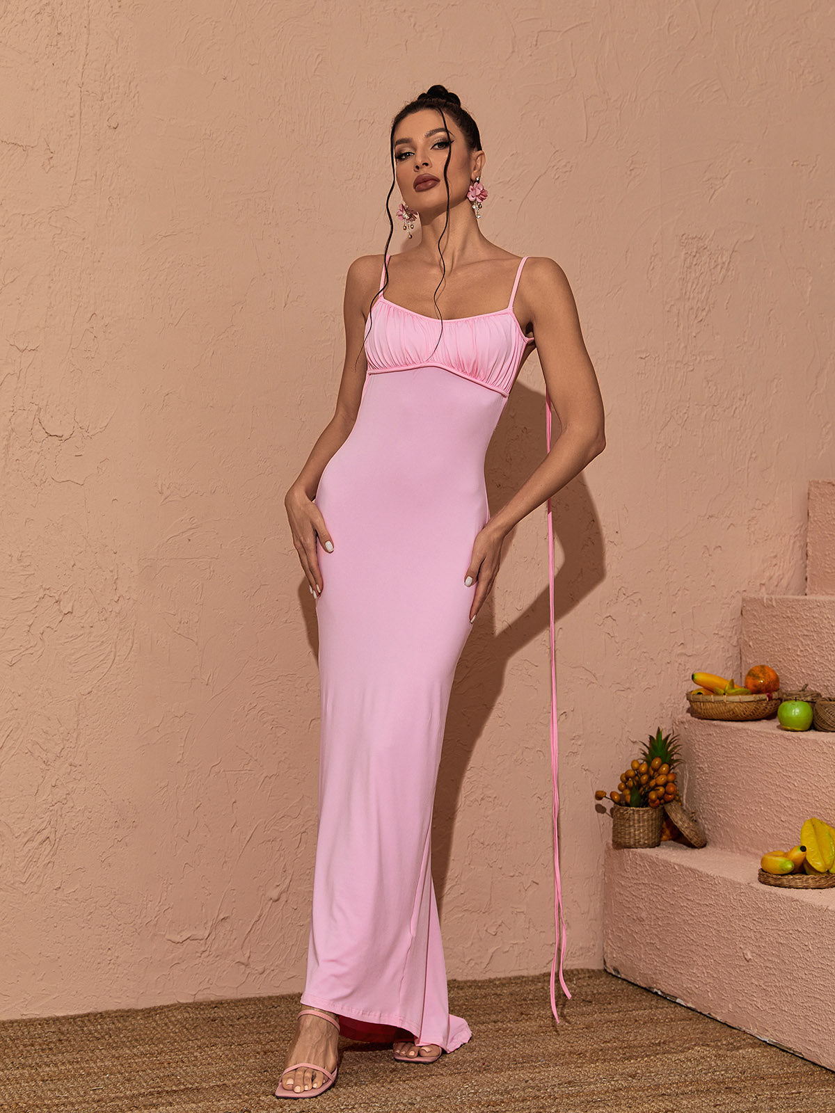 Spaghetti Strap Open Back Ruched Column Maxi Dress 2