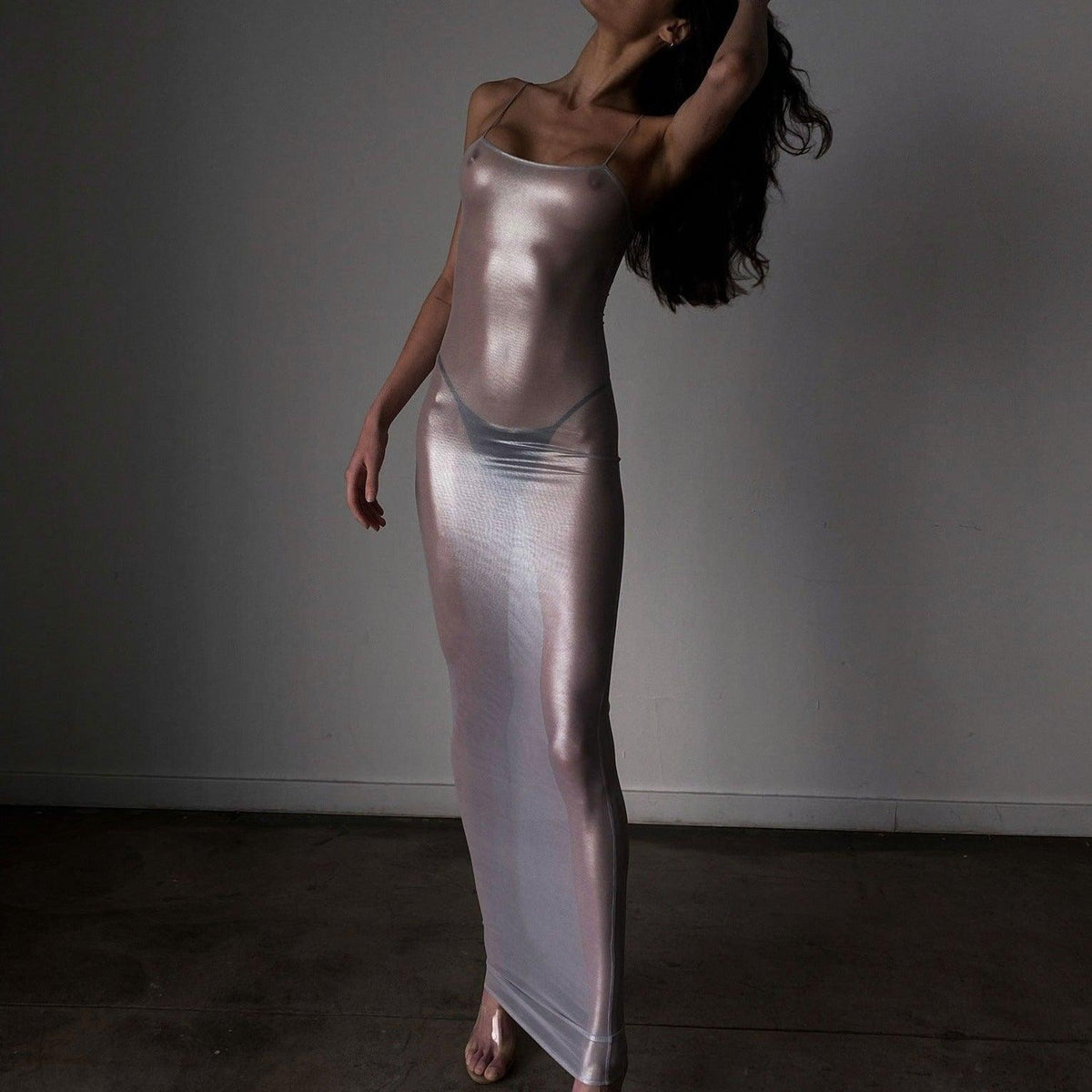 Sheer Metallic Mesh Long Sleeve High Neck Maxi Dress 4
