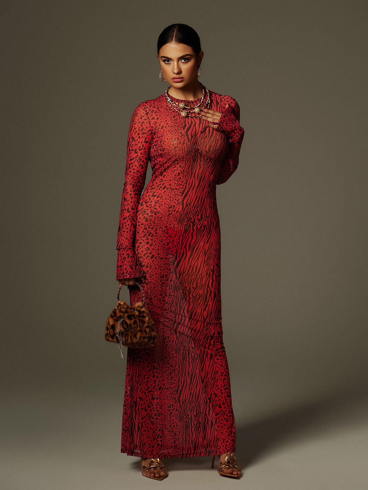 Long Sleeve Backless Print Mesh Column Maxi Dress 3