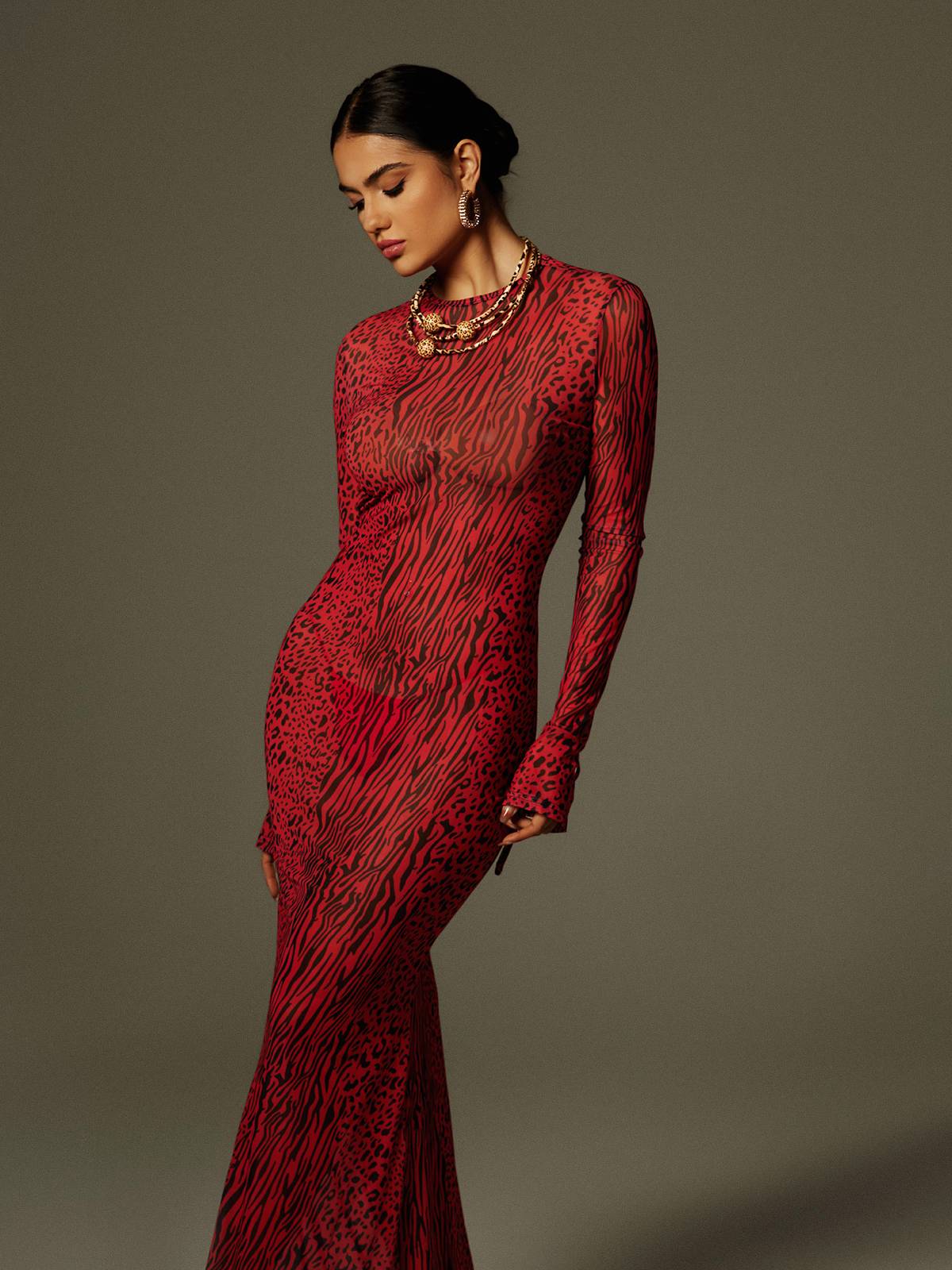 Long Sleeve Backless Print Mesh Column Maxi Dress 6