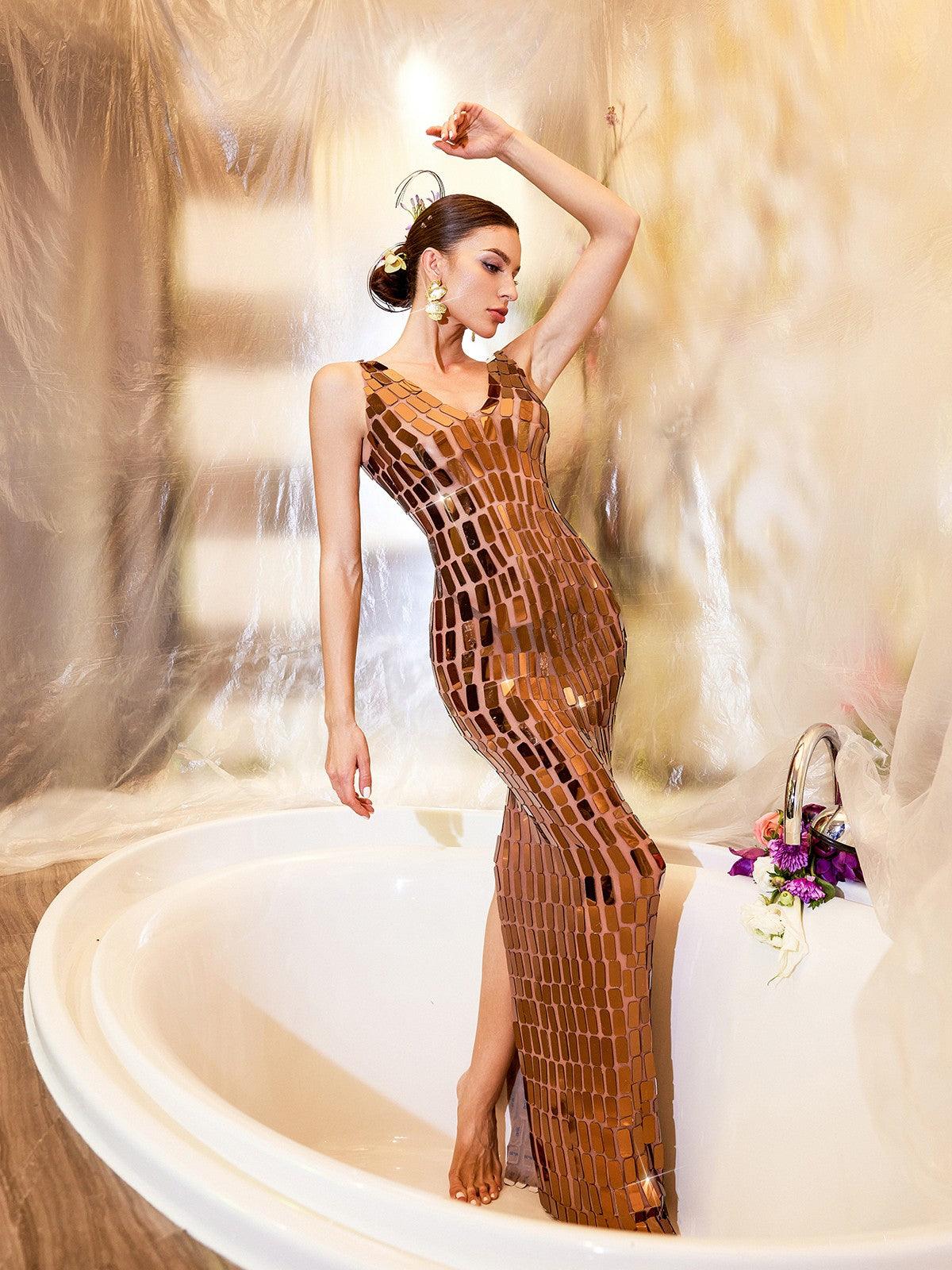 Spaghetti Strap Rectangular Paillette Column Maxi Dress 3