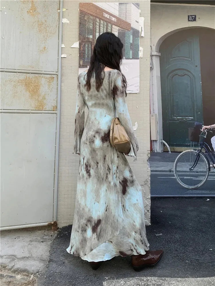Bell Sleeve Crew Neck Abstract Tie-Dye Plisse Maxi Dress 2