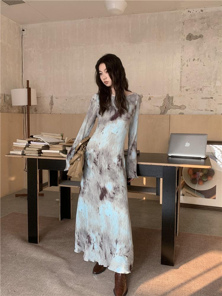 Bell Sleeve Crew Neck Abstract Tie-Dye Plisse Maxi Dress 5
