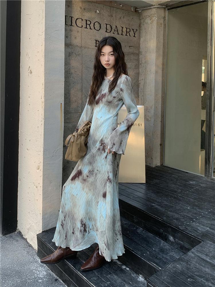 Bell Sleeve Crew Neck Abstract Tie-Dye Plisse Maxi Dress 6