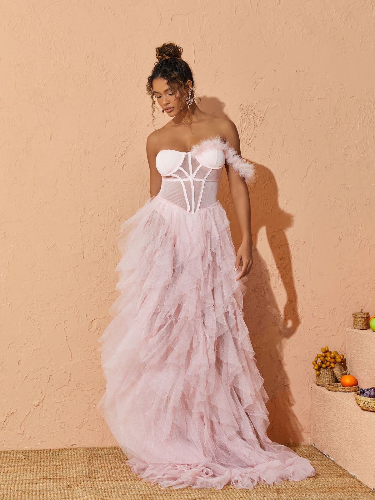 Strapless Corset Feather Strap Tiered Ruffle Tulle Thigh Slit Maxi Gown 2