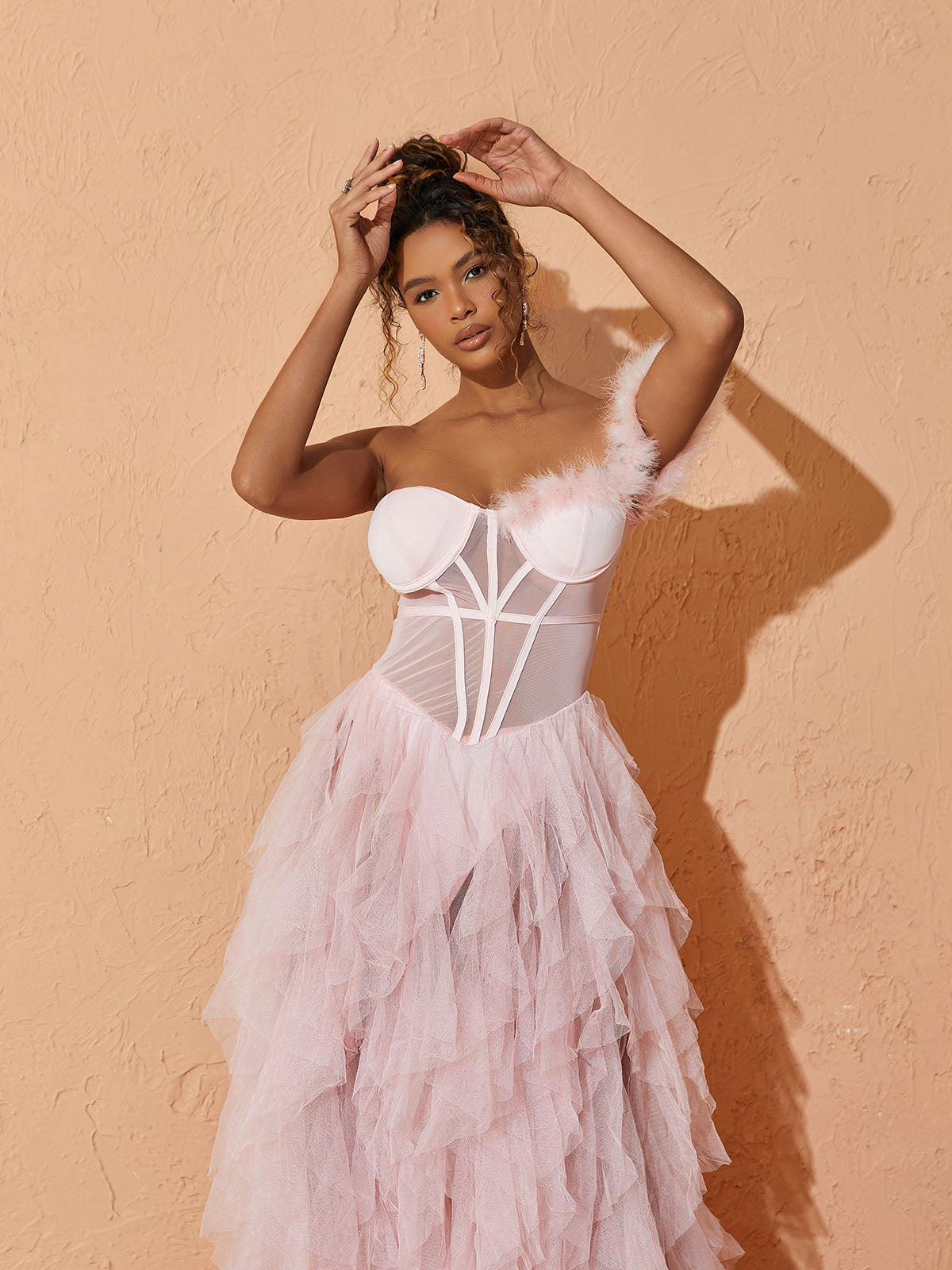 Strapless Corset Feather Strap Tiered Ruffle Tulle Thigh Slit Maxi Gown 4