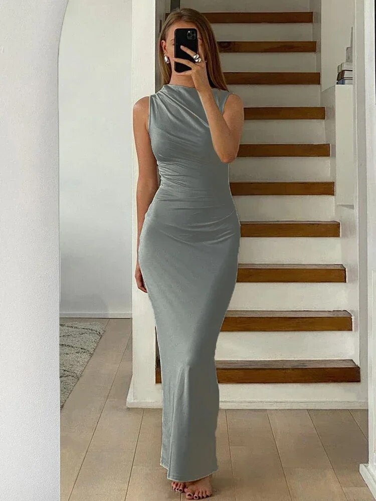 Sleeveless Cowl Neck Ruched Gathered Bodycon Maxi Dress 2