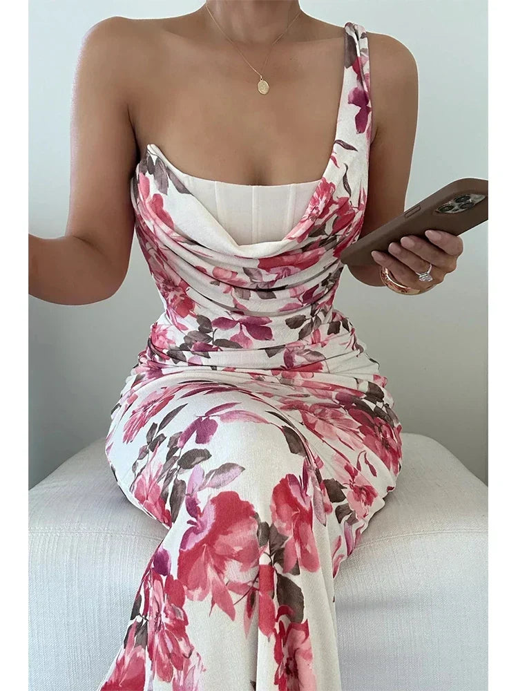 Pink Floral One-Shoulder Cowl-Neck Ruched Bodycon Maxi Dress