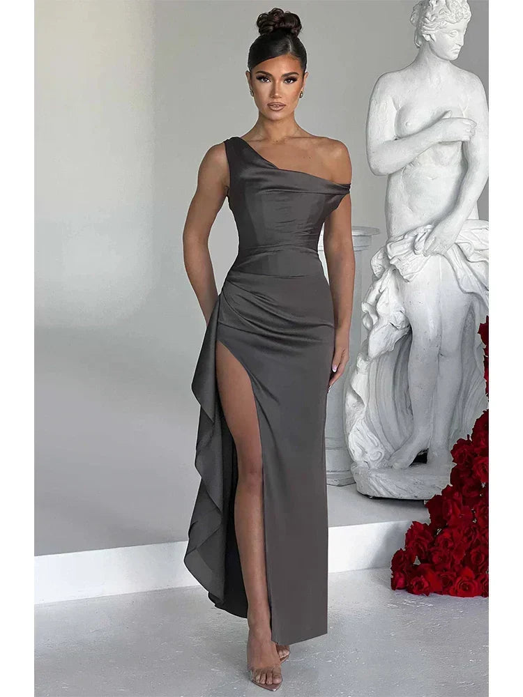 Satin One Shoulder Ruched High Split Ruffle Side Maxi Gown 6