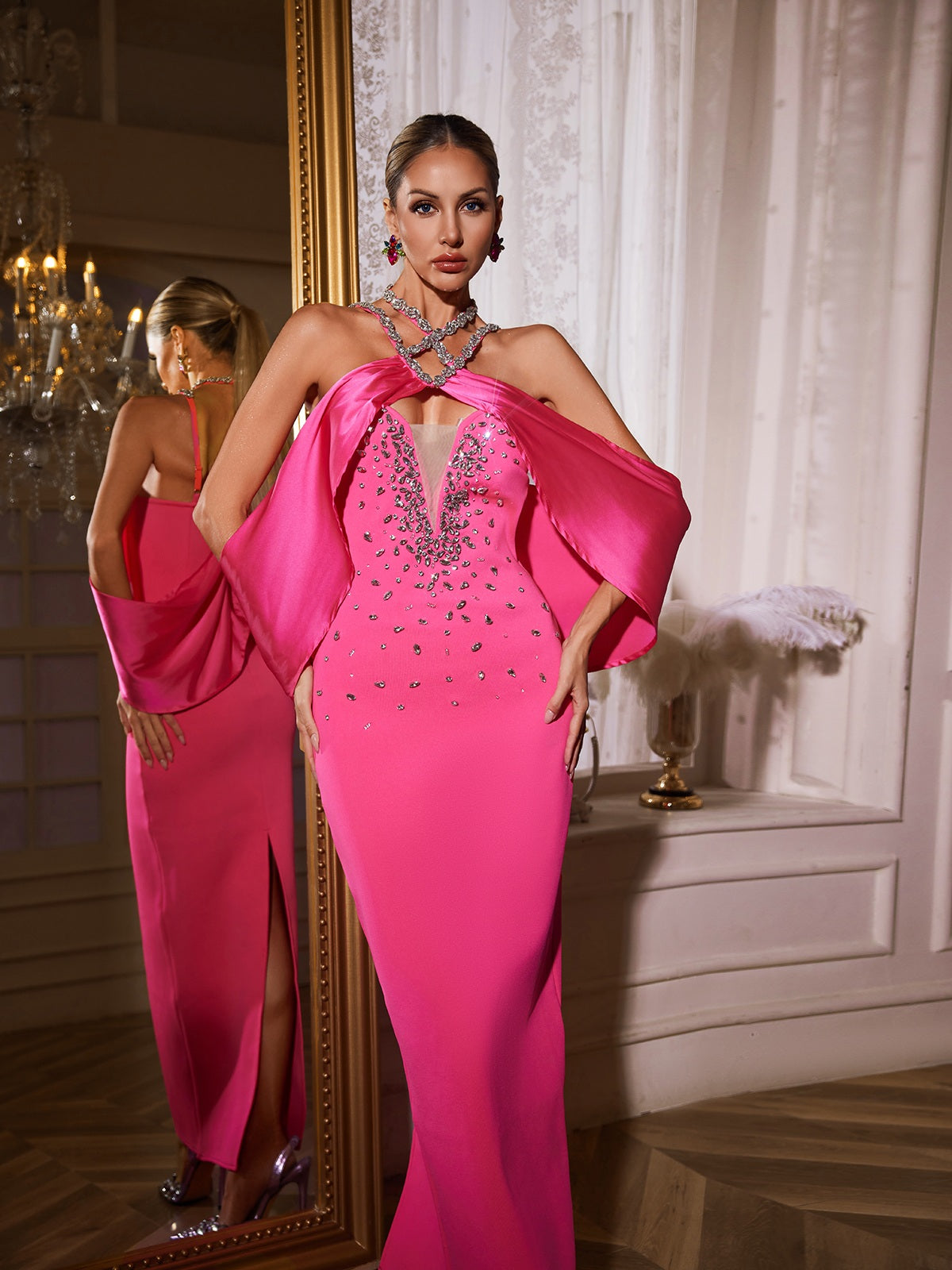 Halter Rhinestone Chain Strap Draped Shoulder Bandage Column Maxi Dress 3