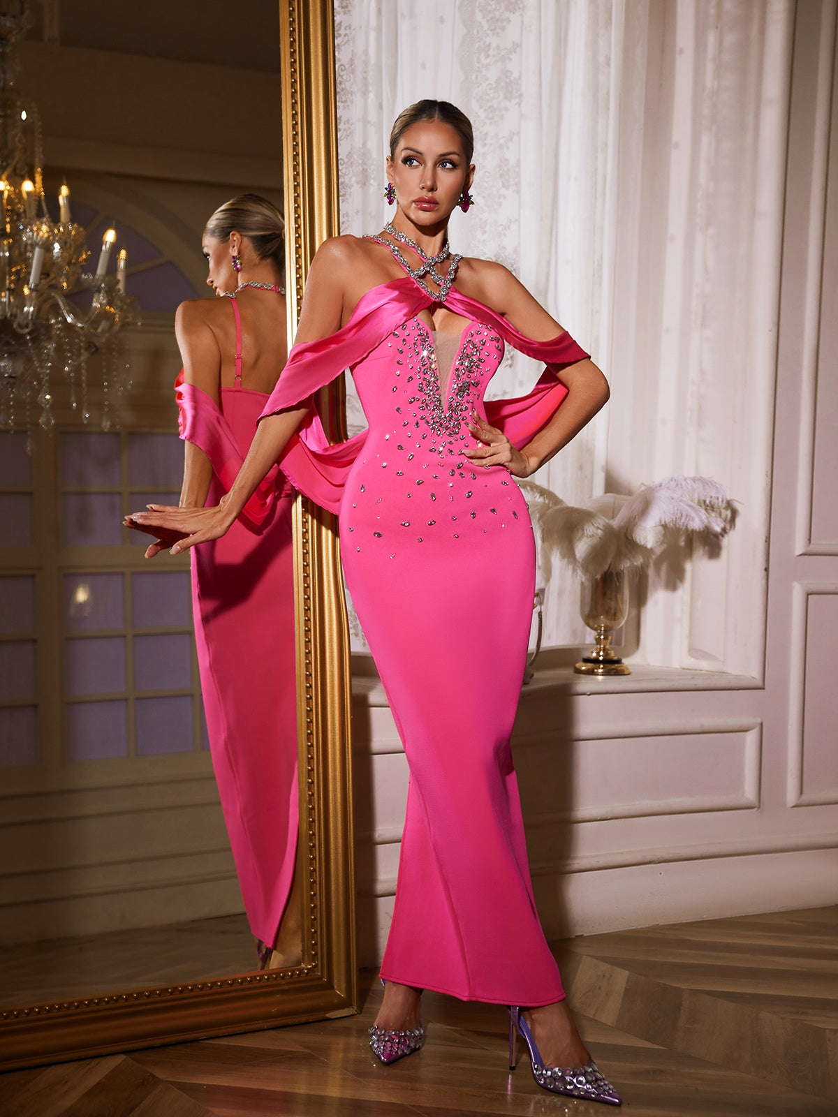 Halter Rhinestone Chain Strap Draped Shoulder Bandage Column Maxi Dress 5