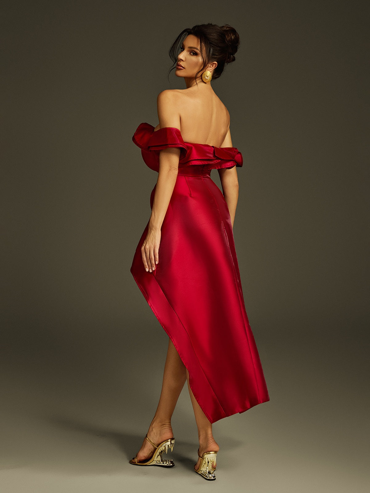 Off Shoulder Center Ruffle High Low Asymmetric Midi Dress 6