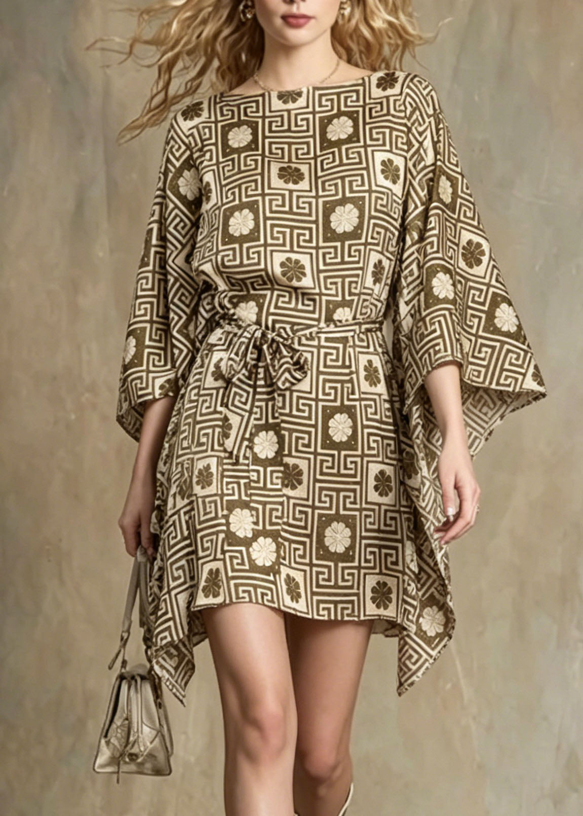 Boat Neck Greek Key Floral Grid Belted Bell Sleeve Mini Dress 2