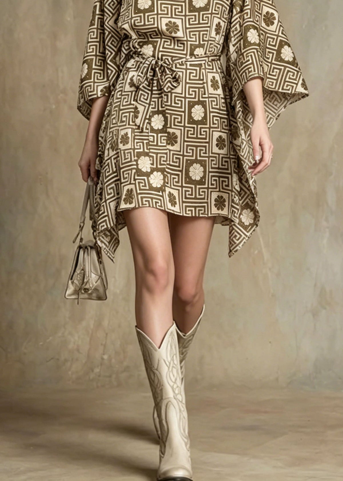 Boat Neck Greek Key Floral Grid Belted Bell Sleeve Mini Dress 4