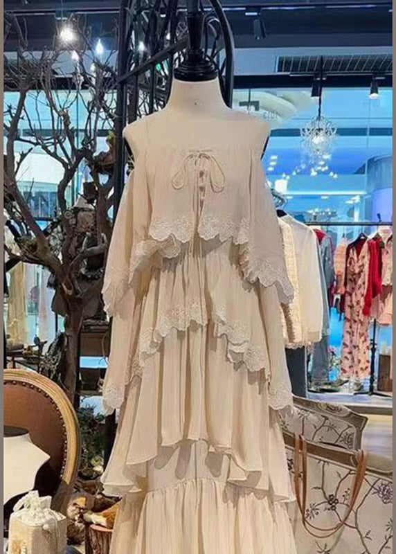 Square Neck Tie-Front Button Tiered Cape Sleeve Lace Trim Maxi Dress 2