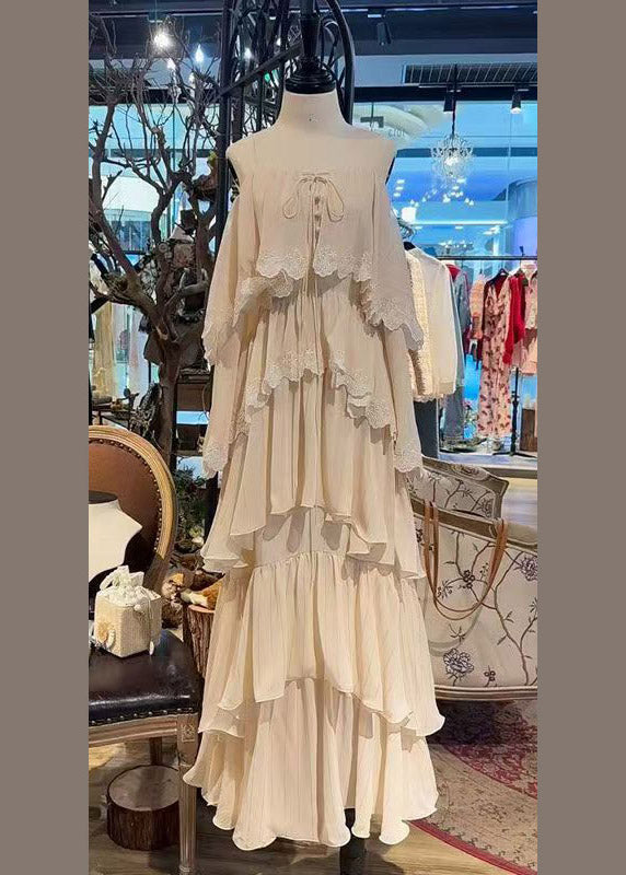 Square Neck Tie-Front Button Tiered Cape Sleeve Lace Trim Maxi Dress 3