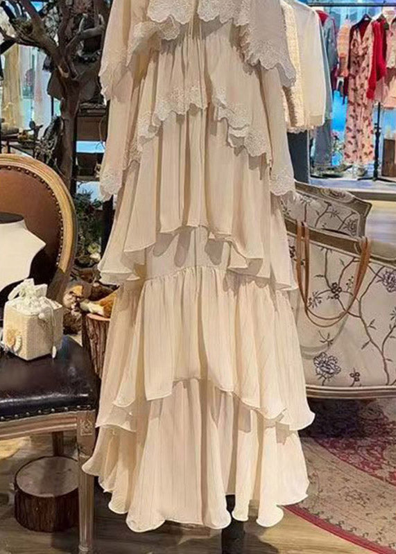 Square Neck Tie-Front Button Tiered Cape Sleeve Lace Trim Maxi Dress 4