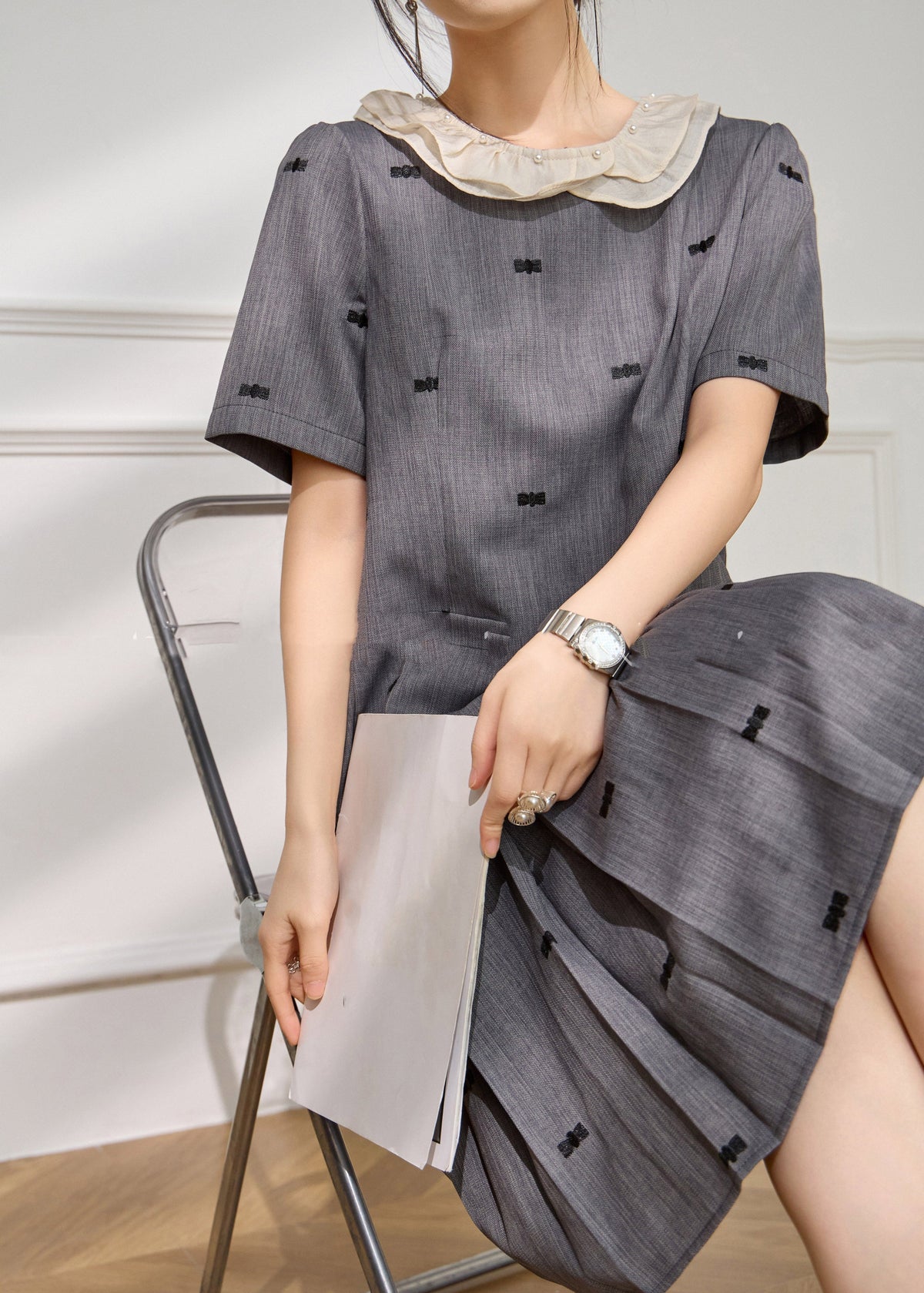 Peter Pan Pearl Trim Bow Embroidery Short Sleeve Pleated Midi Dress