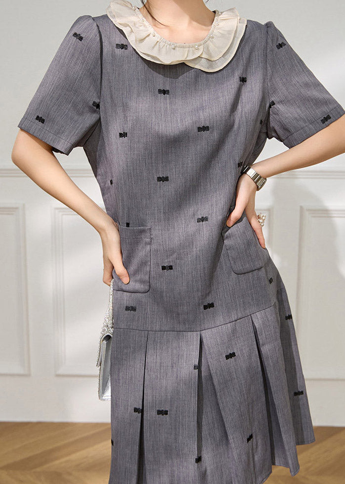 Peter Pan Pearl Trim Bow Embroidery Short Sleeve Pleated Midi Dress 4