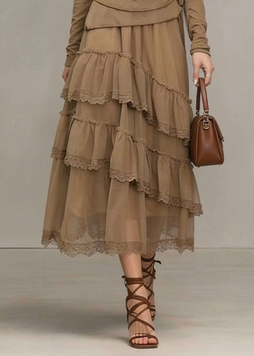 Scoop Neck Asymmetric Ruffle Wrap Waist Lace Tier Mesh Midi Dress 4