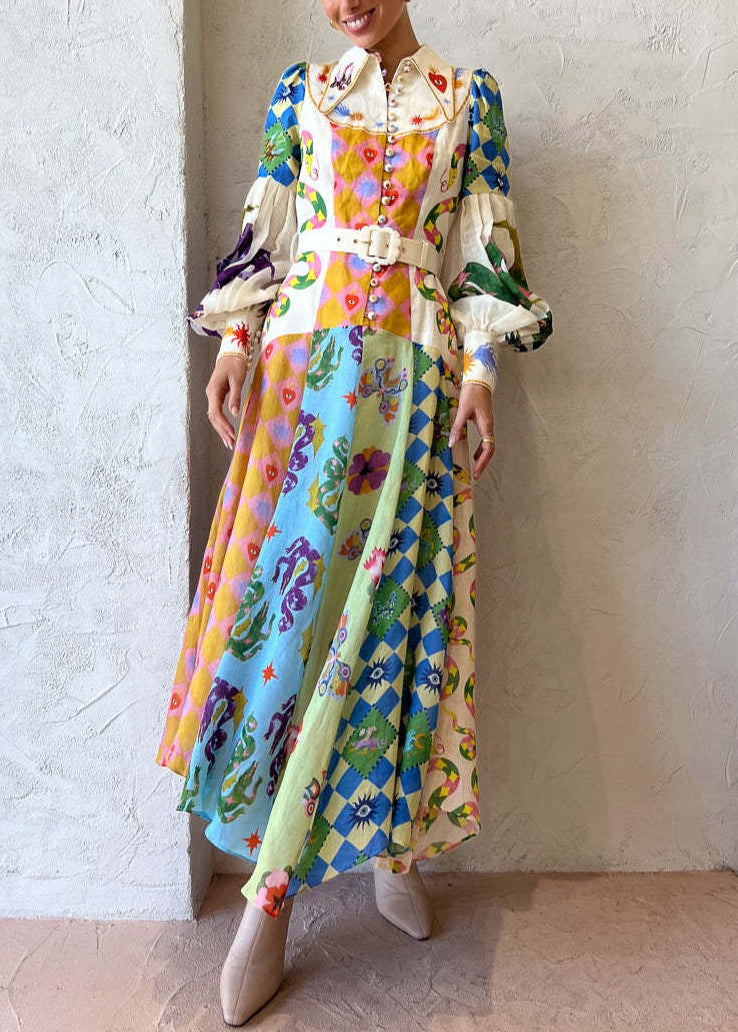 Pointed Collar Button Down Bishop Sleeve Patchwork Print Belted Maxi Dress 3