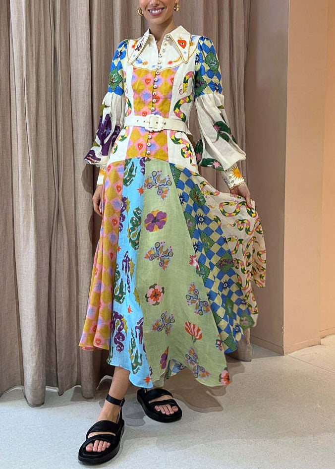 Pointed Collar Button Down Bishop Sleeve Patchwork Print Belted Maxi Dress 4