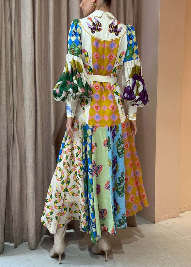 Pointed Collar Button Down Bishop Sleeve Patchwork Print Belted Maxi Dress 5