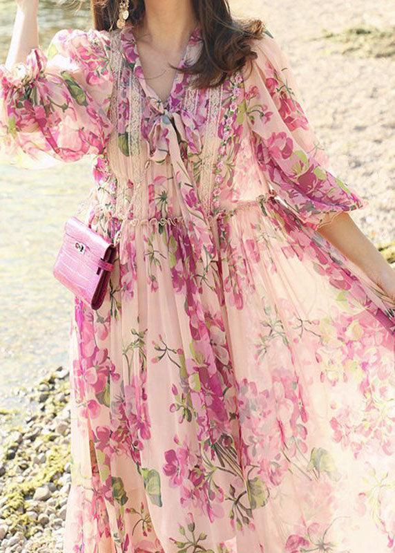 V-Neck Pussy Bow Lace Panel Balloon Sleeve Floral Chiffon Midi Dress 2
