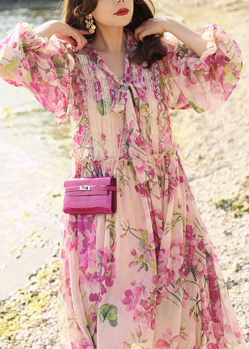 V-Neck Pussy Bow Lace Panel Balloon Sleeve Floral Chiffon Midi Dress 3