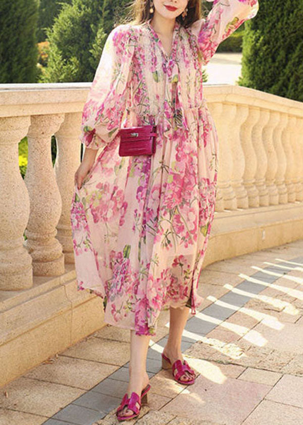 V-Neck Pussy Bow Lace Panel Balloon Sleeve Floral Chiffon Midi Dress 4