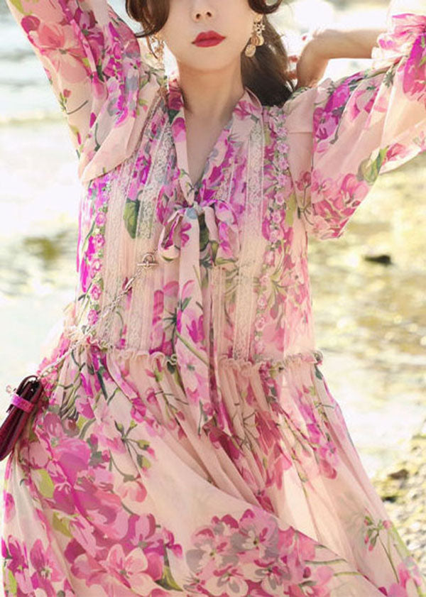 V-Neck Pussy Bow Lace Panel Balloon Sleeve Floral Chiffon Midi Dress 5