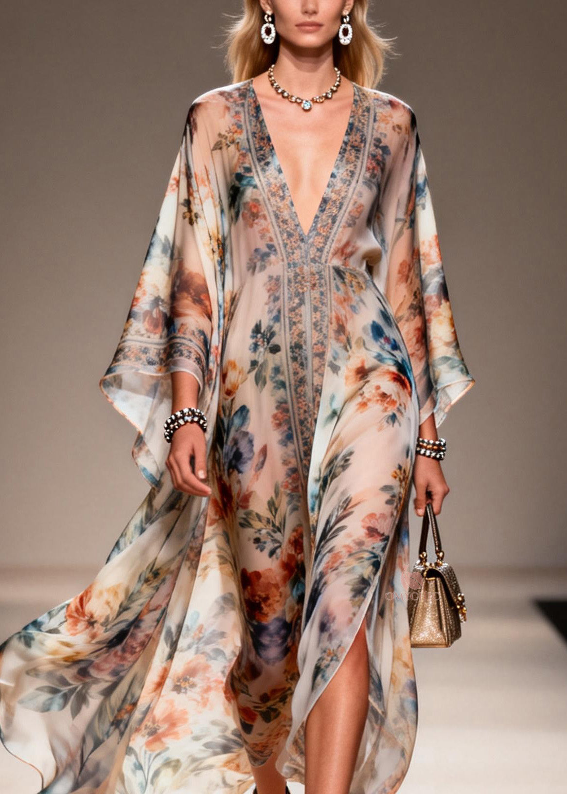 Deep V-Neck Butterfly Sleeve Floral Print Sheer High-Slit Kaftan Maxi Gown 2