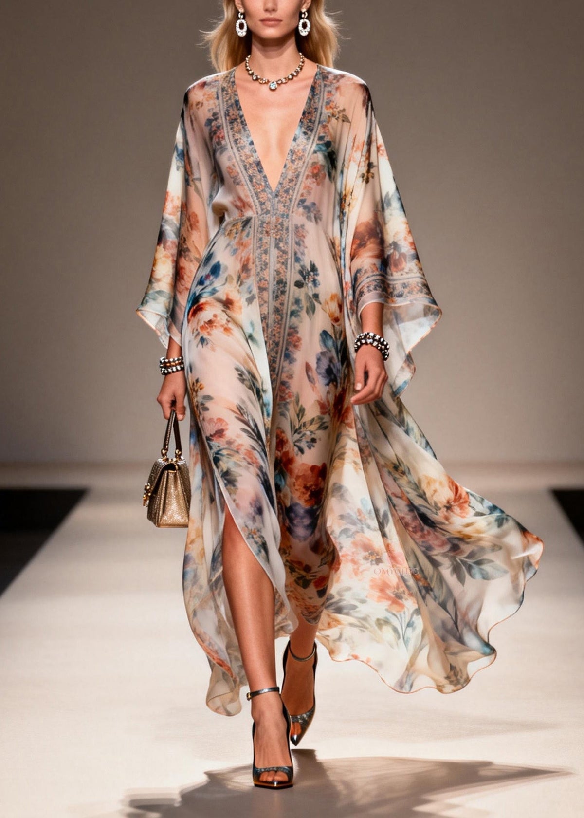 Deep V-Neck Butterfly Sleeve Floral Print Sheer High-Slit Kaftan Maxi Gown 3