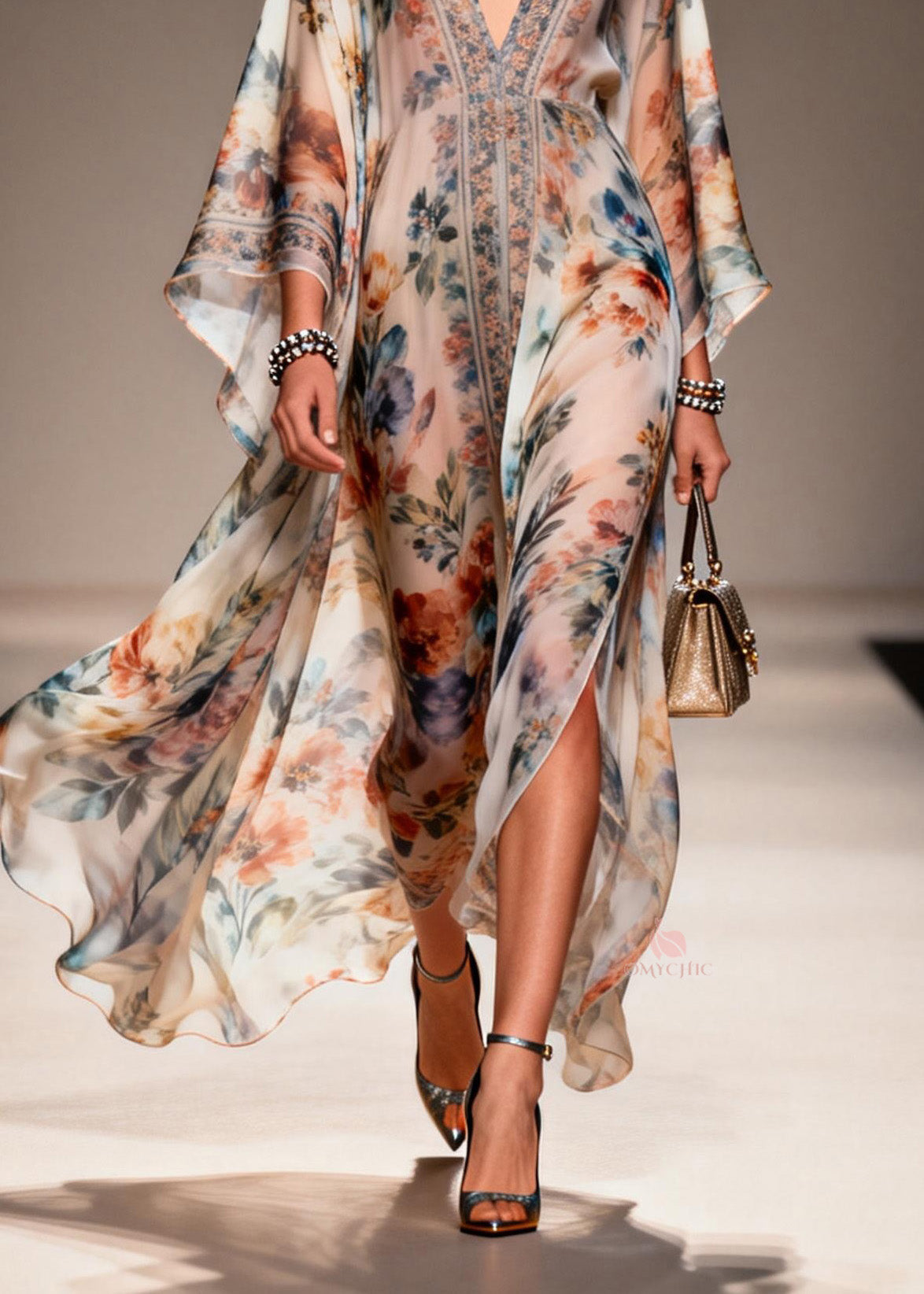 Deep V-Neck Butterfly Sleeve Floral Print Sheer High-Slit Kaftan Maxi Gown 4