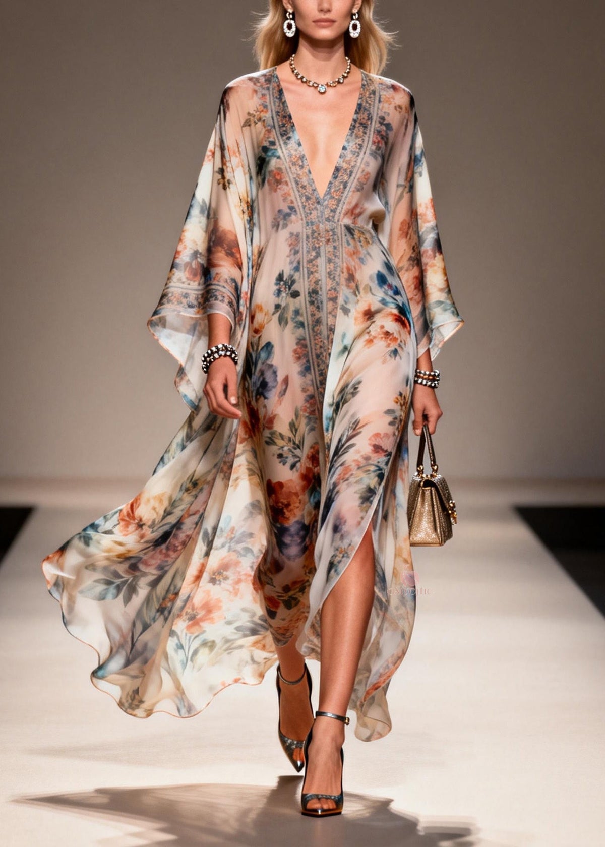Deep V-Neck Butterfly Sleeve Floral Print Sheer High-Slit Kaftan Maxi Gown 5