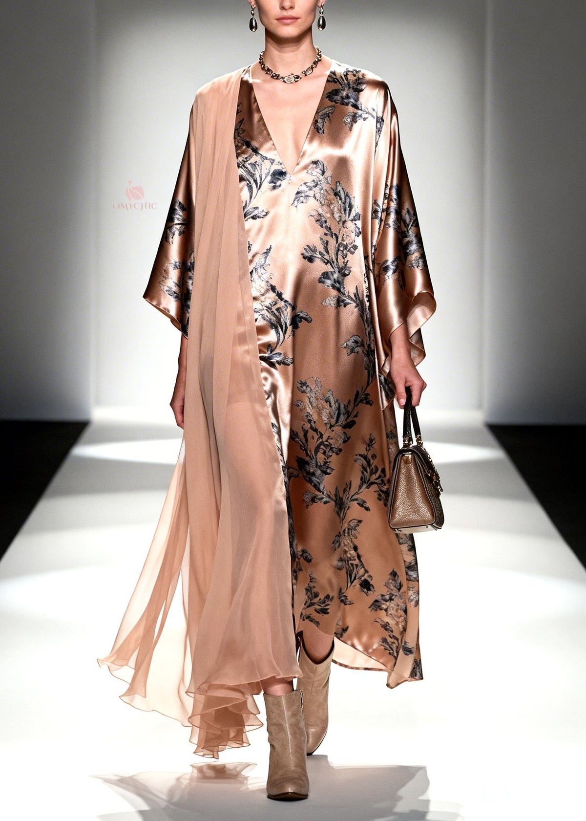 Deep V-Neck Botanical Print Kimono Sleeve Sheer Panel Satin Maxi Dress