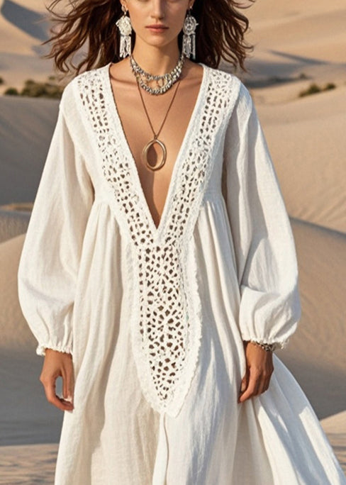 Crochet Trim V-Neck Balloon Sleeve Maxi Dress 2