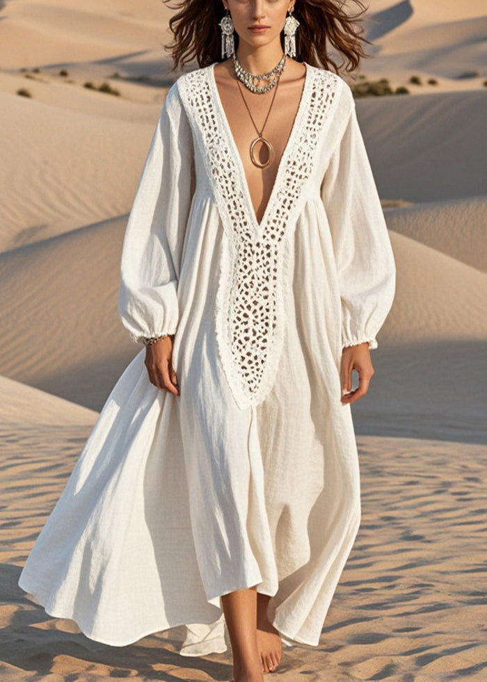 Crochet Trim V-Neck Balloon Sleeve Maxi Dress 3